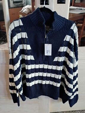 a new day Navy and White Striped Half-Zip Turtleneck Sweater